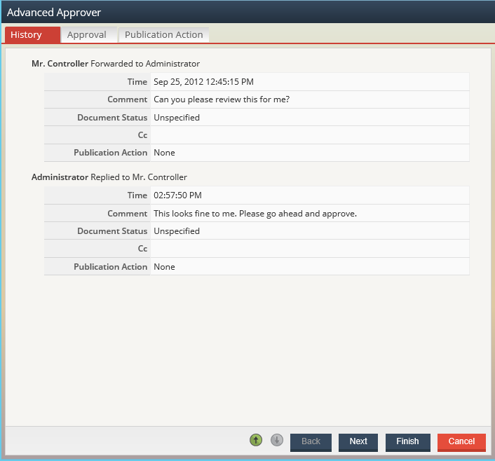 Screenshot of the History tab of the Advanced Approver Wizard.